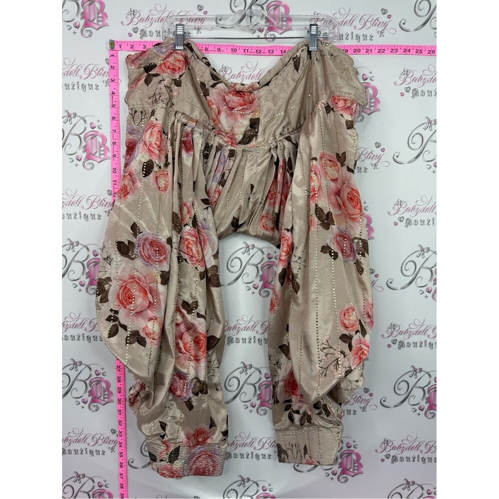 Harem pants Boho Floral Track Pants in Beige with Pink Rose Print studded